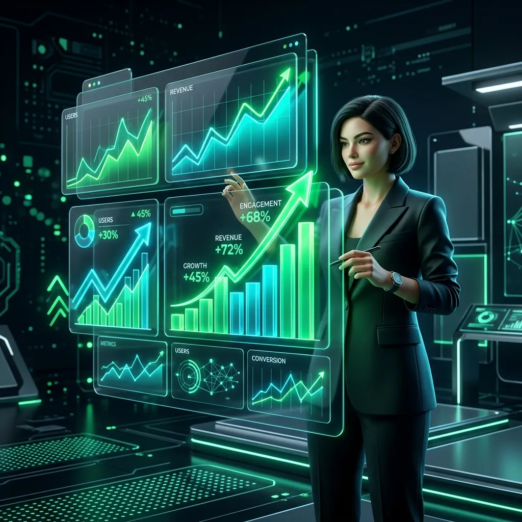 Illustrazione 3D di un'imprenditrice digitale che analizza dati finanziari